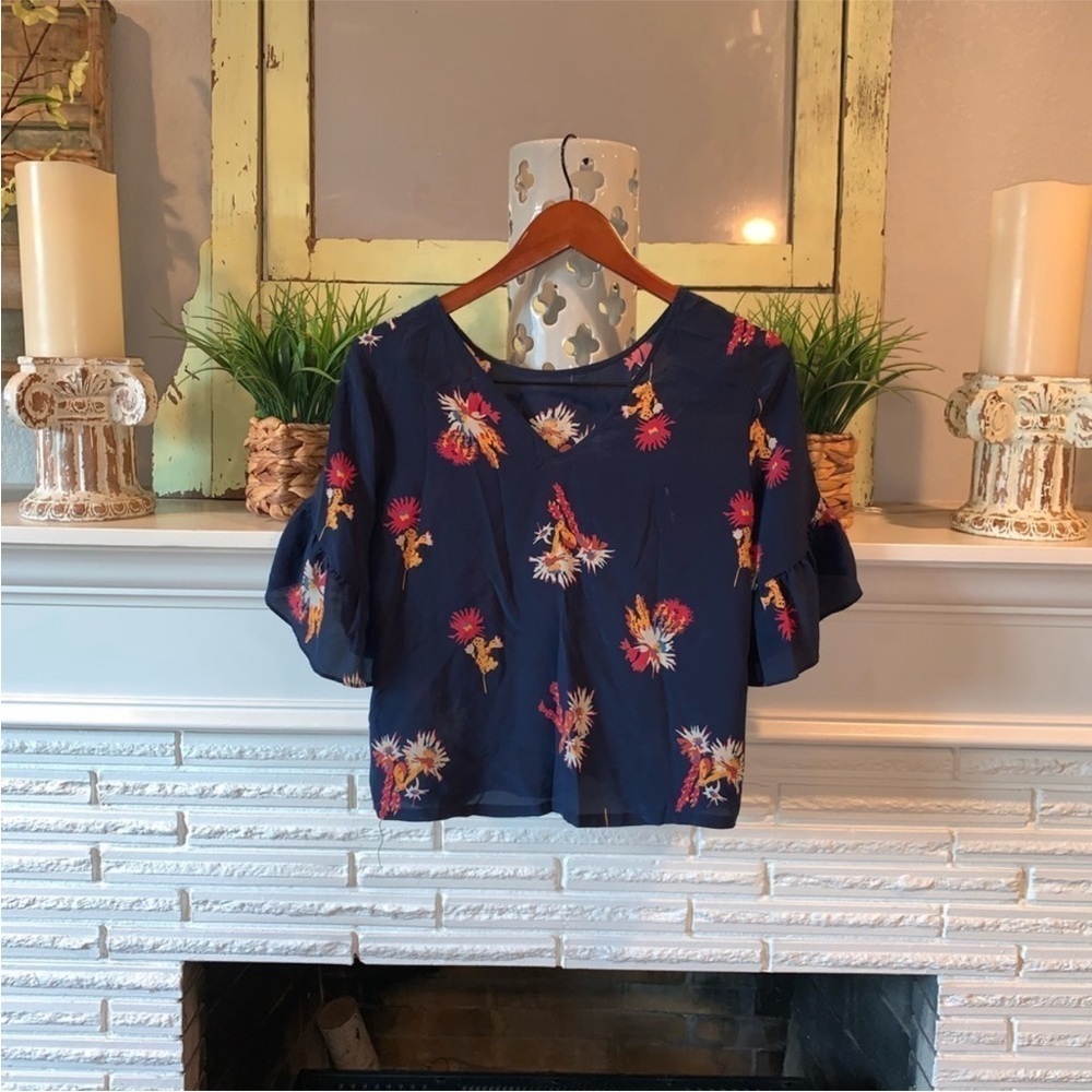 Madewell Navy 100% Silk Ruffle Sleeve Cactus Flower Print Blouse Size XS - Picture 7 of 7